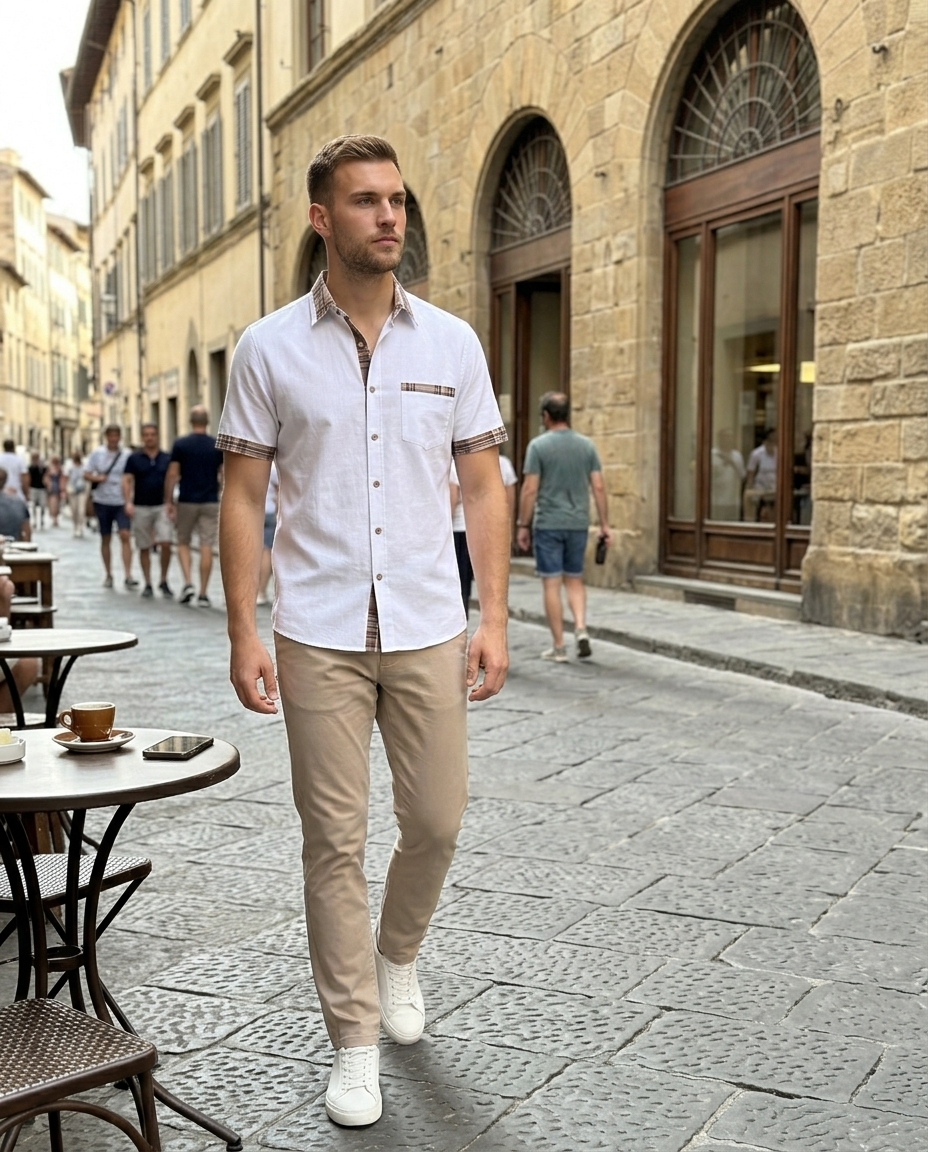 Men's White Short Sleeve Plaid Trim Shirt worn in an everyday street setting