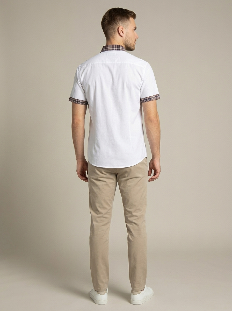 Men's White Short Sleeve Plaid Trim Shirt worn by a model, back view