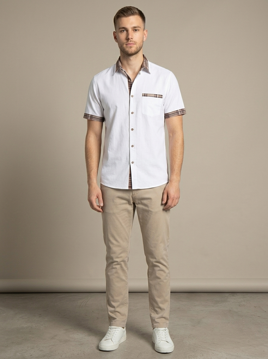 Men's White Short Sleeve Plaid Trim Shirt worn by a model, front view