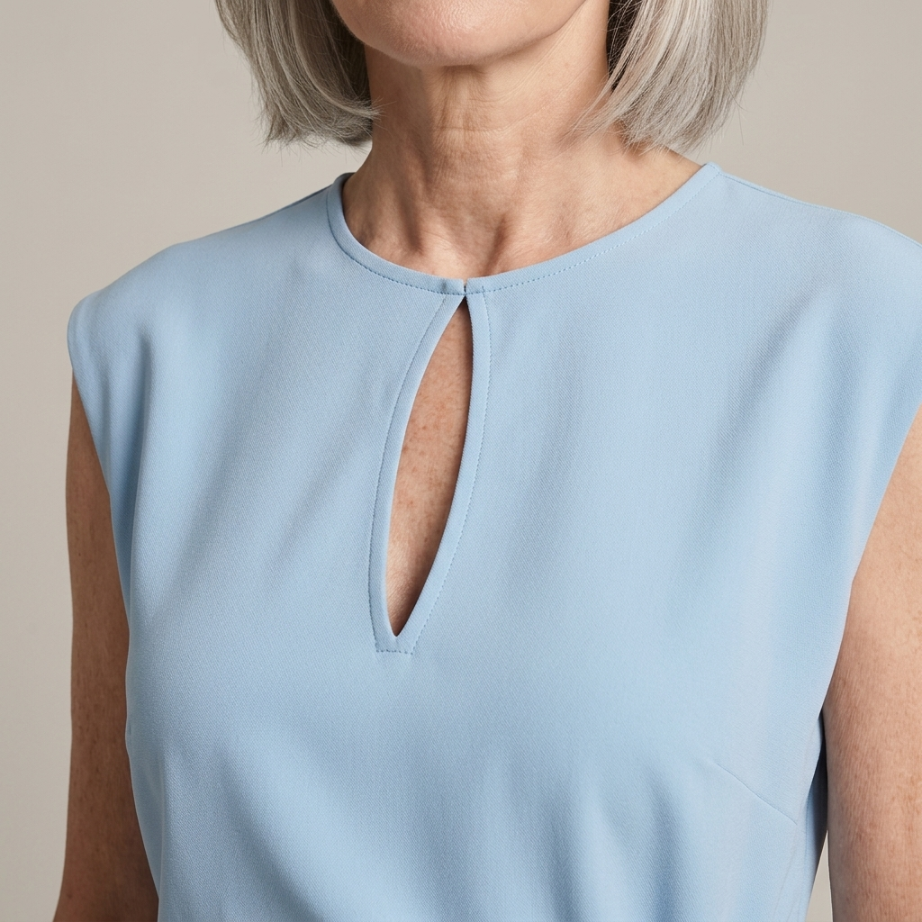 Close-up of Midi Dress, Light Blue, Keyhole Neck, Draped Waist detail
