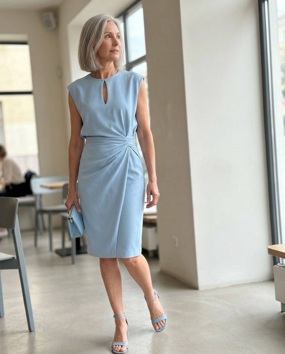 Midi Dress, Light Blue, Keyhole Neck, Draped Waist styled in a daylight interior setting