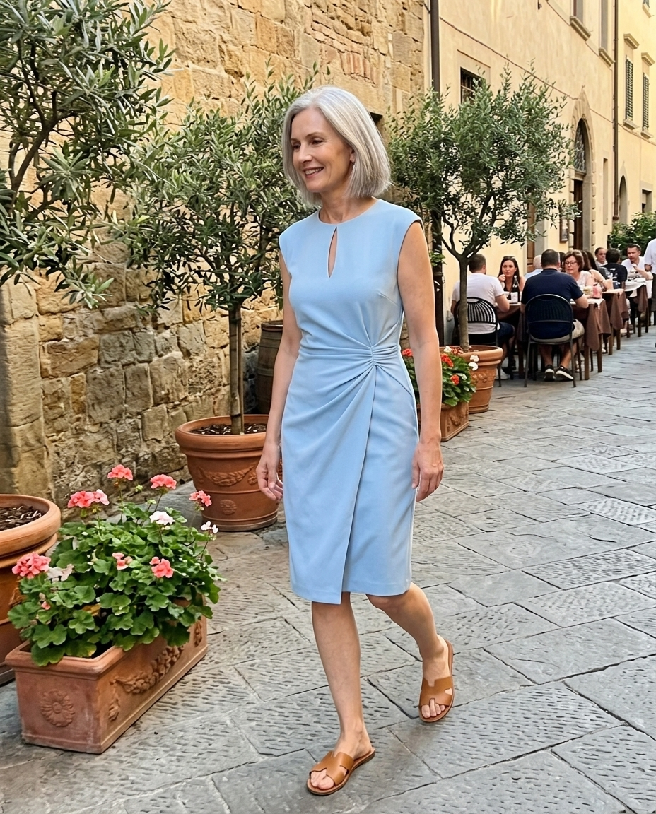 Midi Dress, Light Blue, Keyhole Neck, Draped Waist worn in an everyday street setting