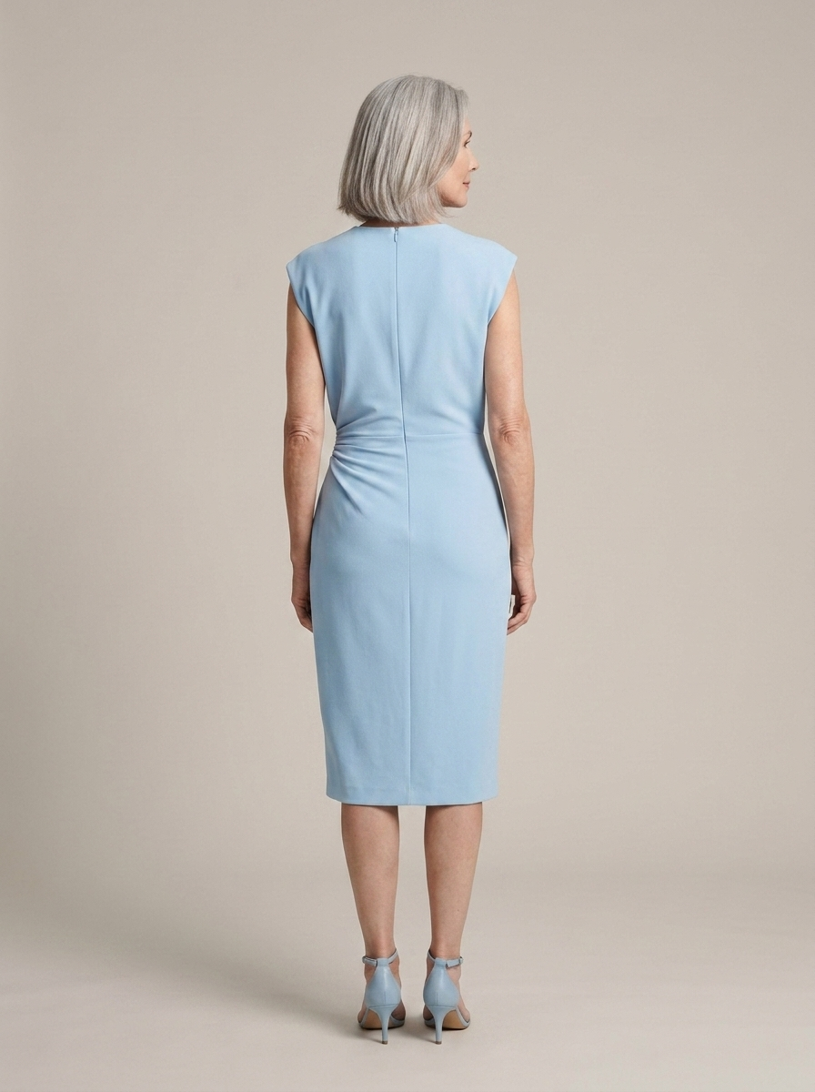 Midi Dress, Light Blue, Keyhole Neck, Draped Waist worn by a model, back view