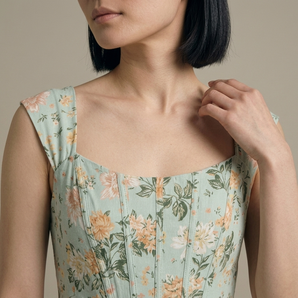 Close-up of Floral Pintuck Square-Neck Midi Dress detail