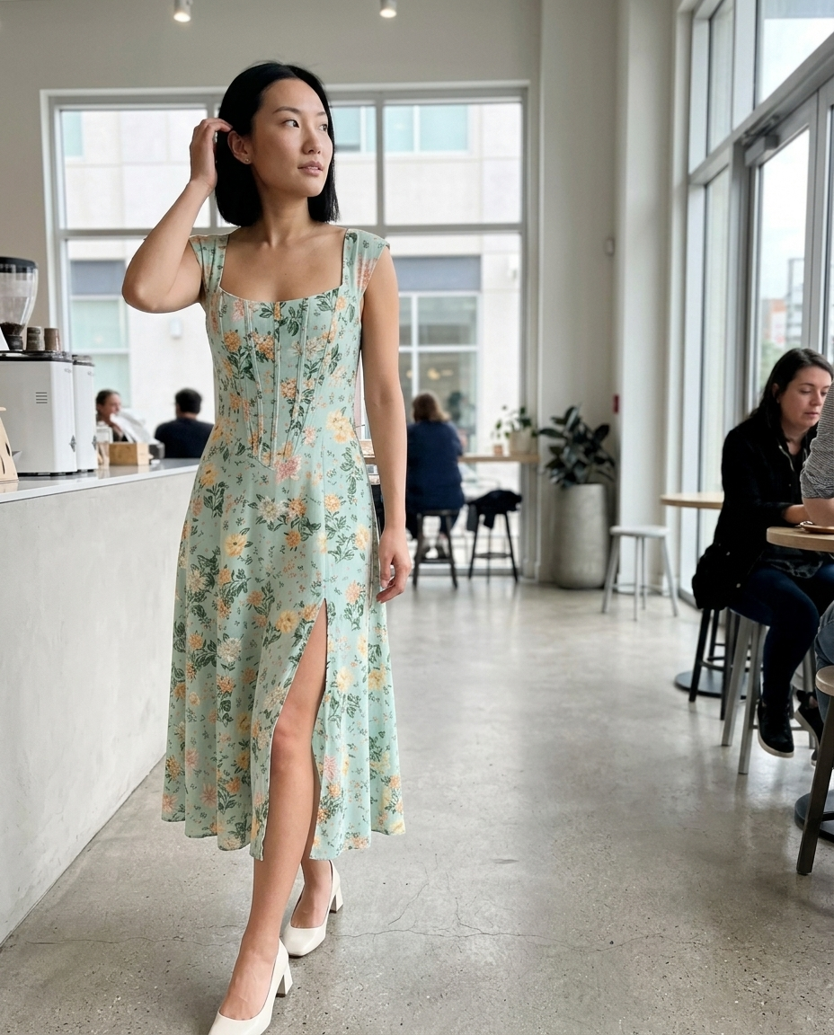 Midi Floral Pintuck Square Neck Dress styled in a daylight interior setting