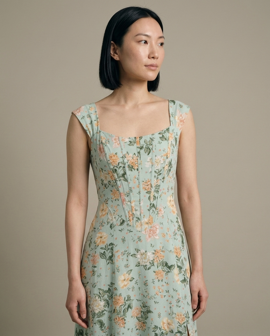 Midi Floral Pintuck Square Neck Dress worn by a model, close waist-up view