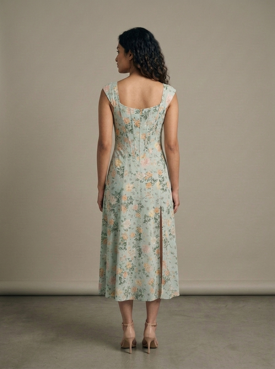Midi Floral Pintuck Square Neck Dress worn by a model, back view