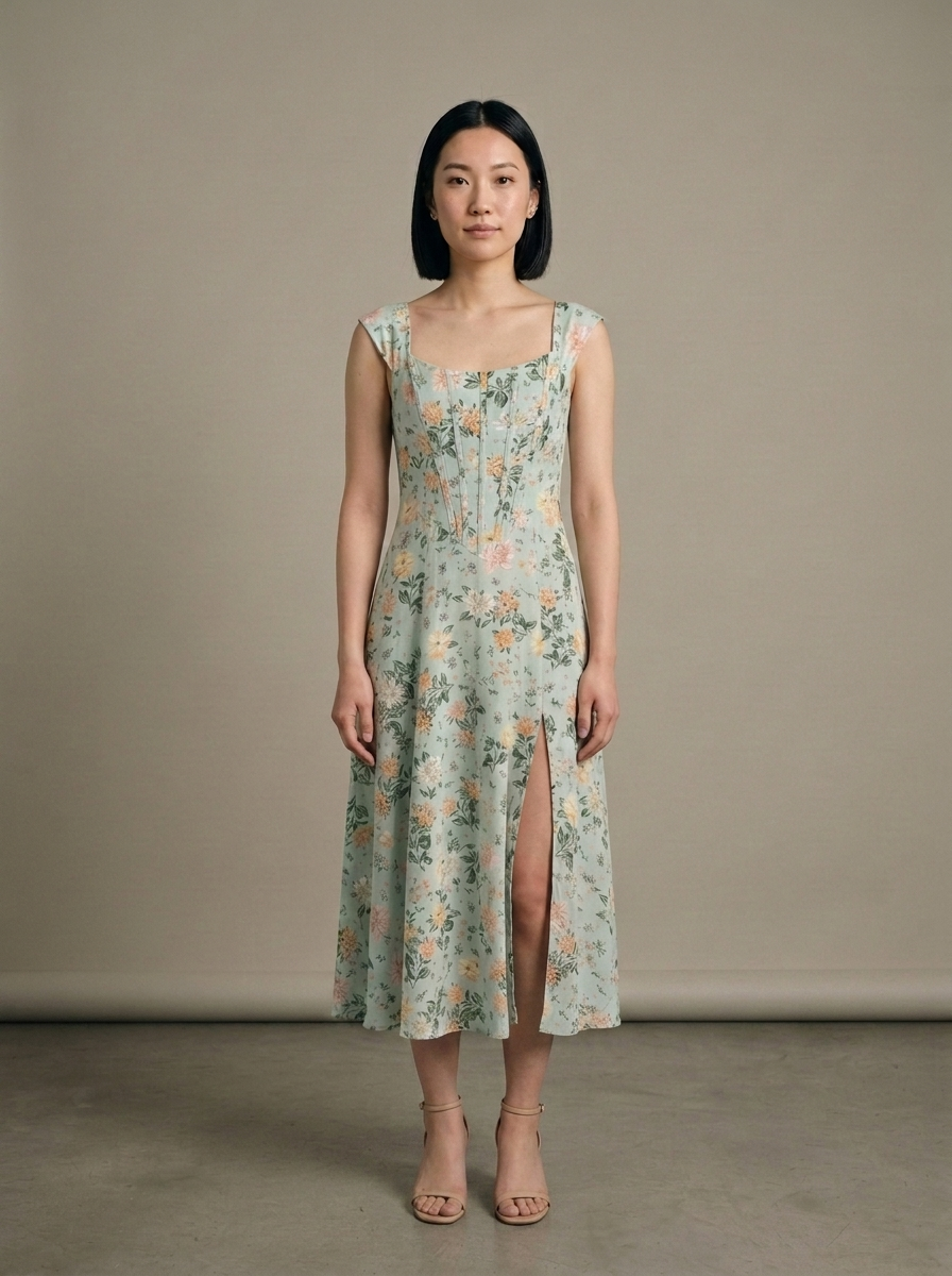 Midi Floral Pintuck Square Neck Dress worn by a model, front view