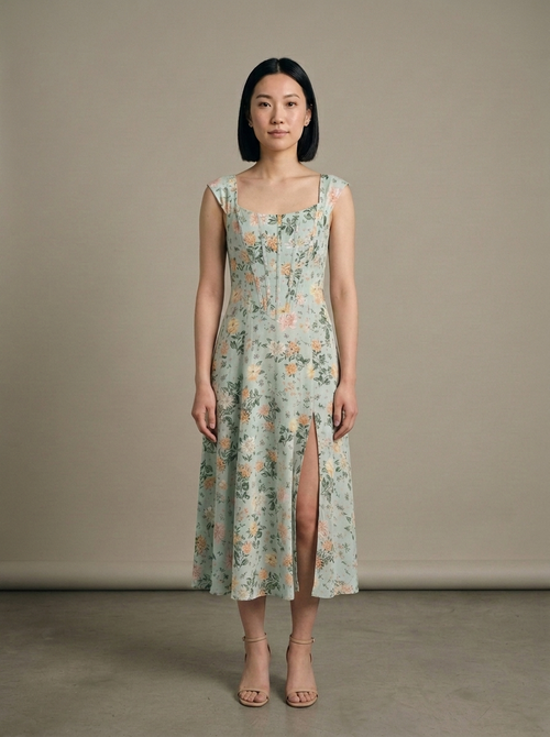 Midi Floral Pintuck Square Neck Dress worn by a model, front view