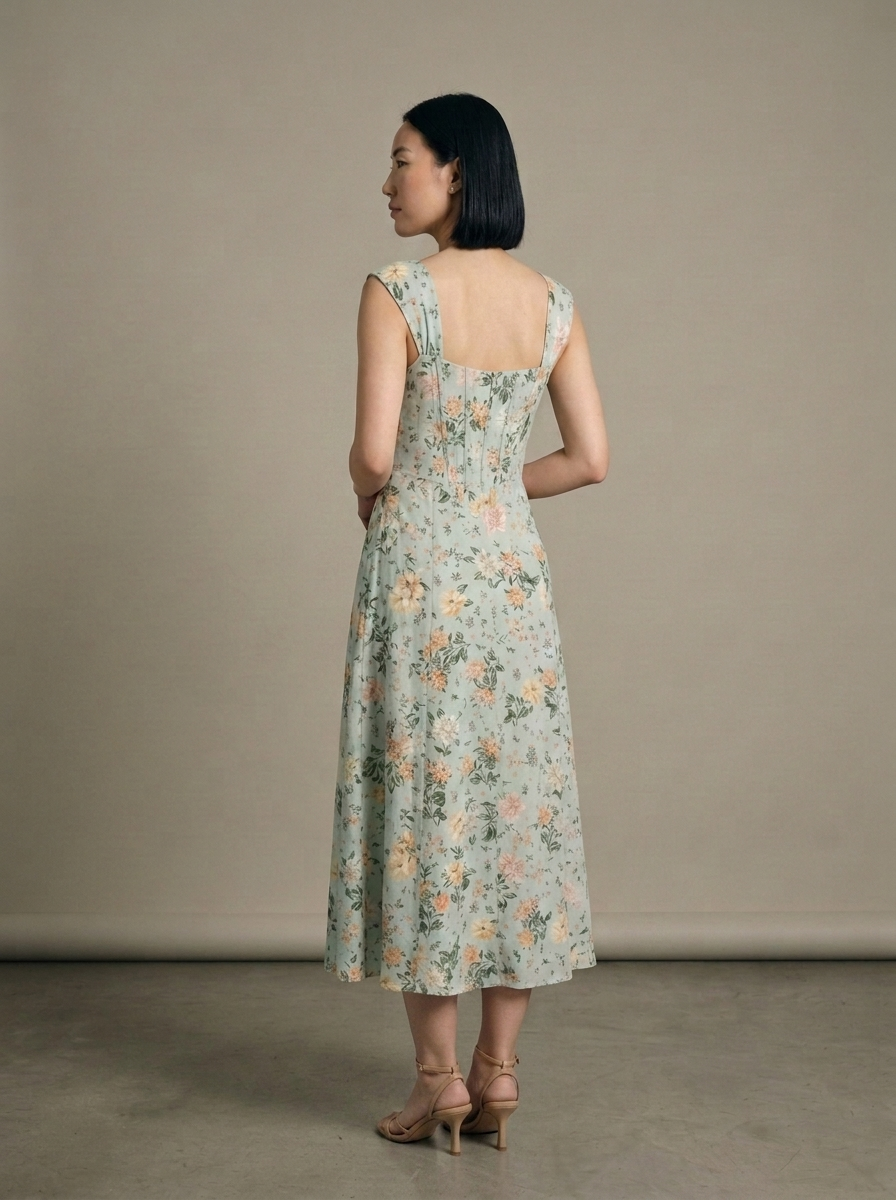 Midi Floral Pintuck Square Neck Dress worn by a model, back view