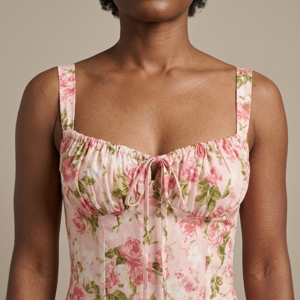 Close-up of Midi Floral Sweetheart Corset Dress detail