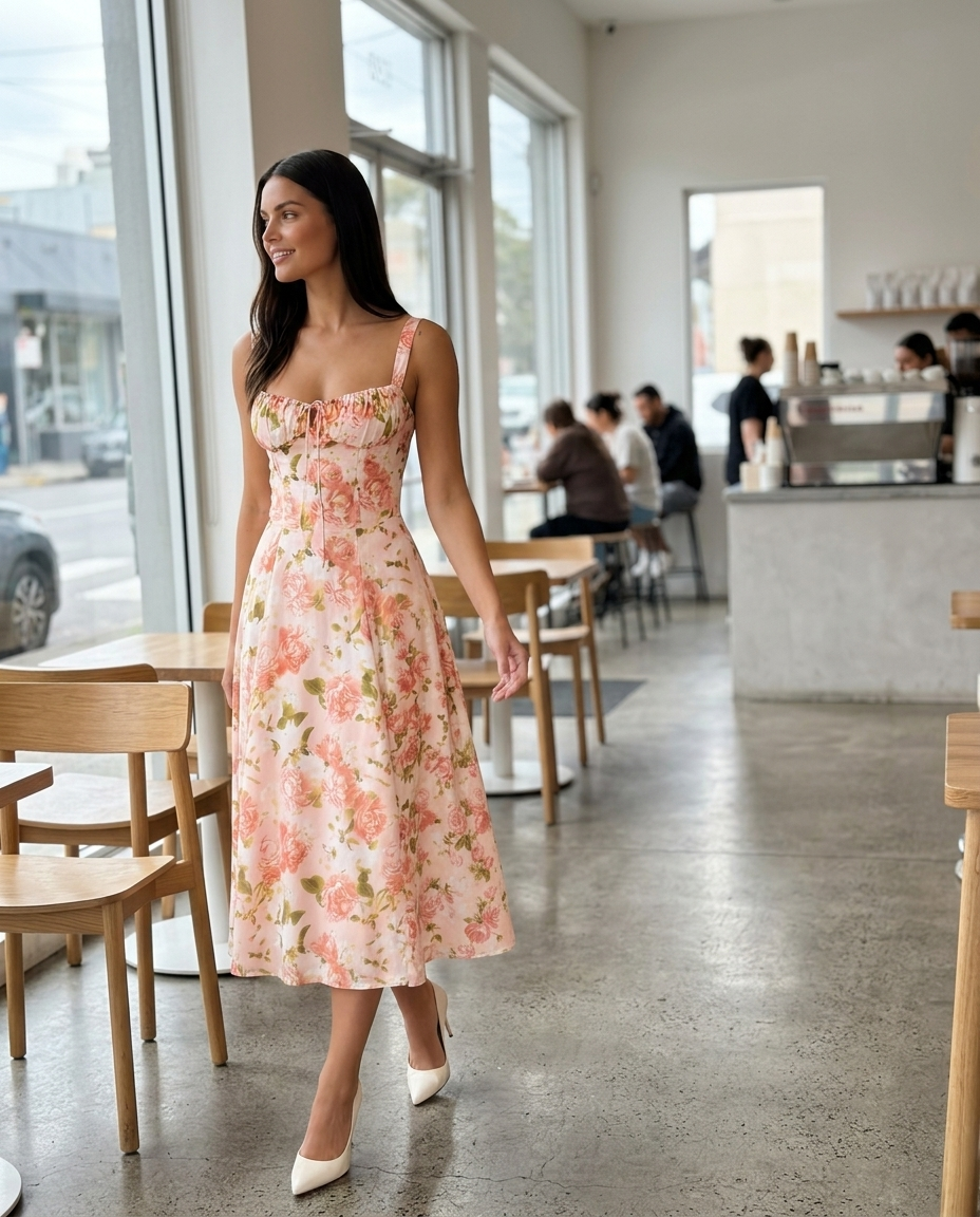 Midi Floral Sweetheart Corset Dress styled in a daylight interior setting