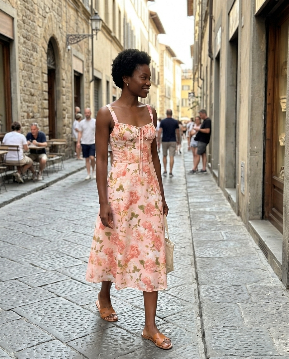 Midi Floral Sweetheart Corset Dress worn in an everyday street setting