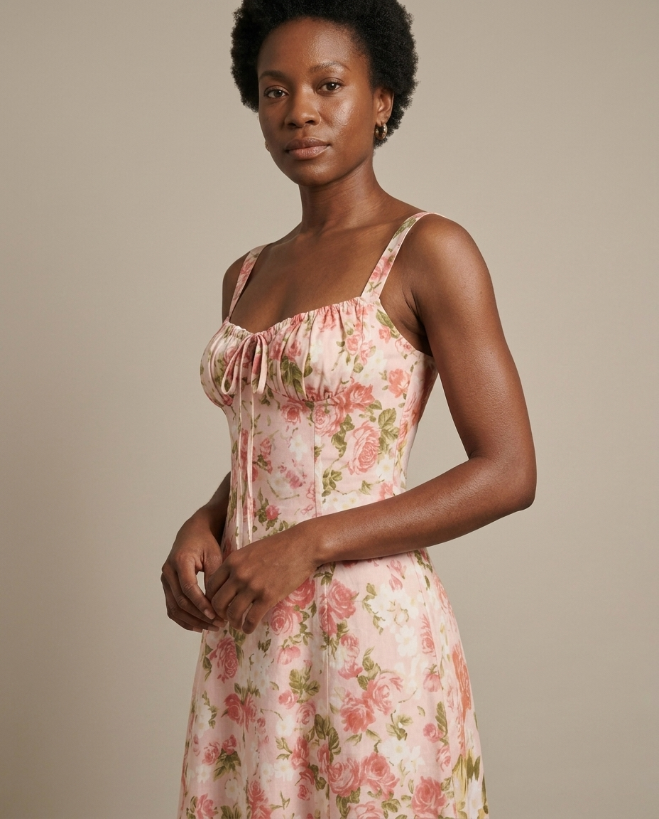 Midi Floral Sweetheart Corset Dress worn by a model, close waist-up view