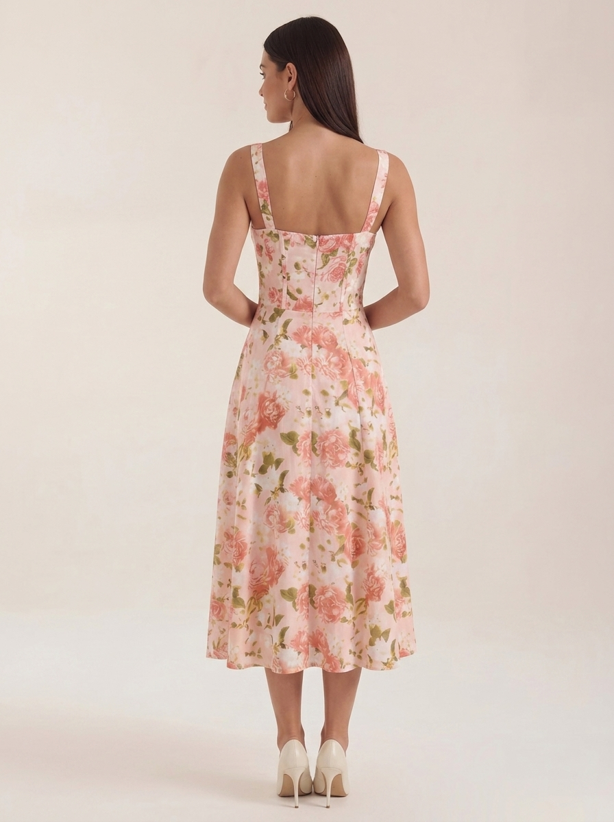Midi Floral Sweetheart Corset Dress worn by a model, back view