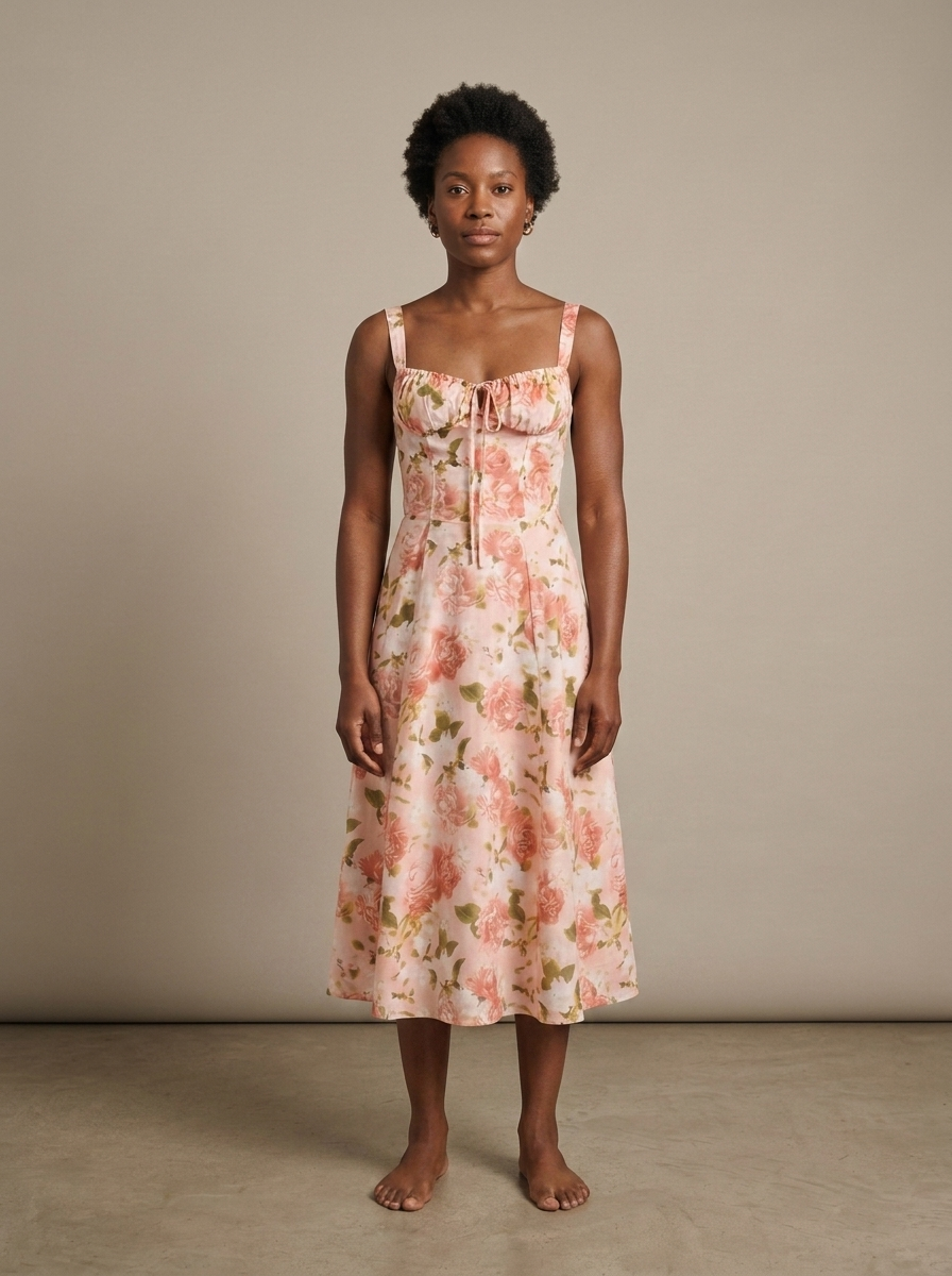 Midi Floral Sweetheart Corset Dress worn by a model, front view