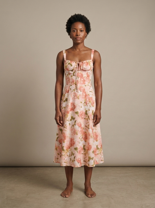 Midi Floral Sweetheart Corset Dress worn by a model, front view