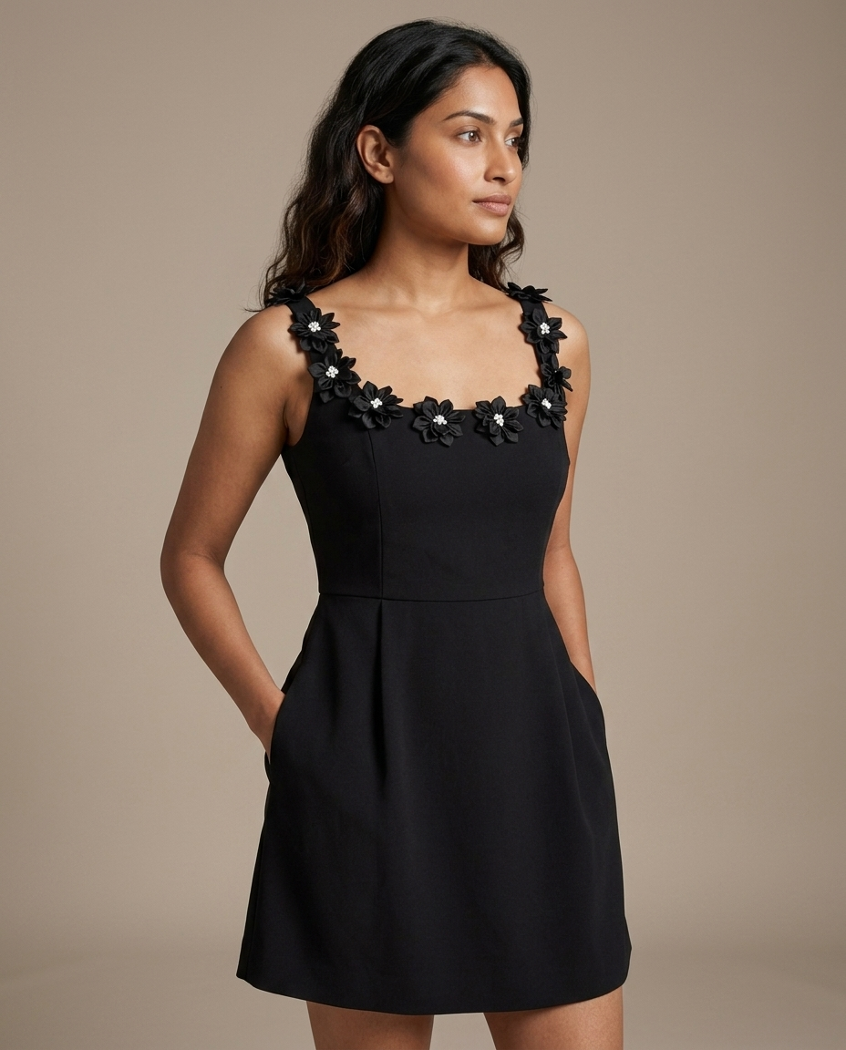 Mini A-Line Dress, Floral Square Neck, Pockets worn by a model, close waist-up view