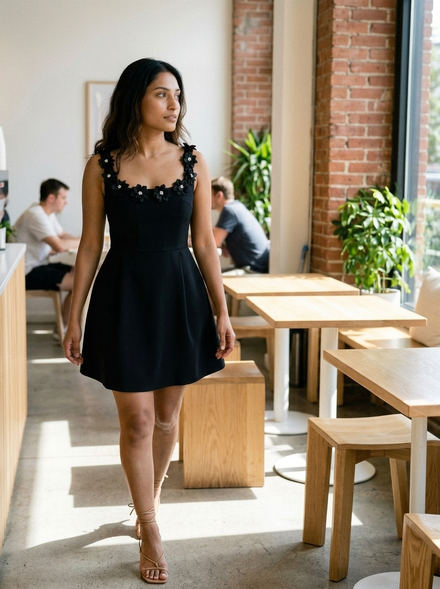 Mini A-Line Dress, Floral Square Neck, Pockets styled in a daylight interior setting
