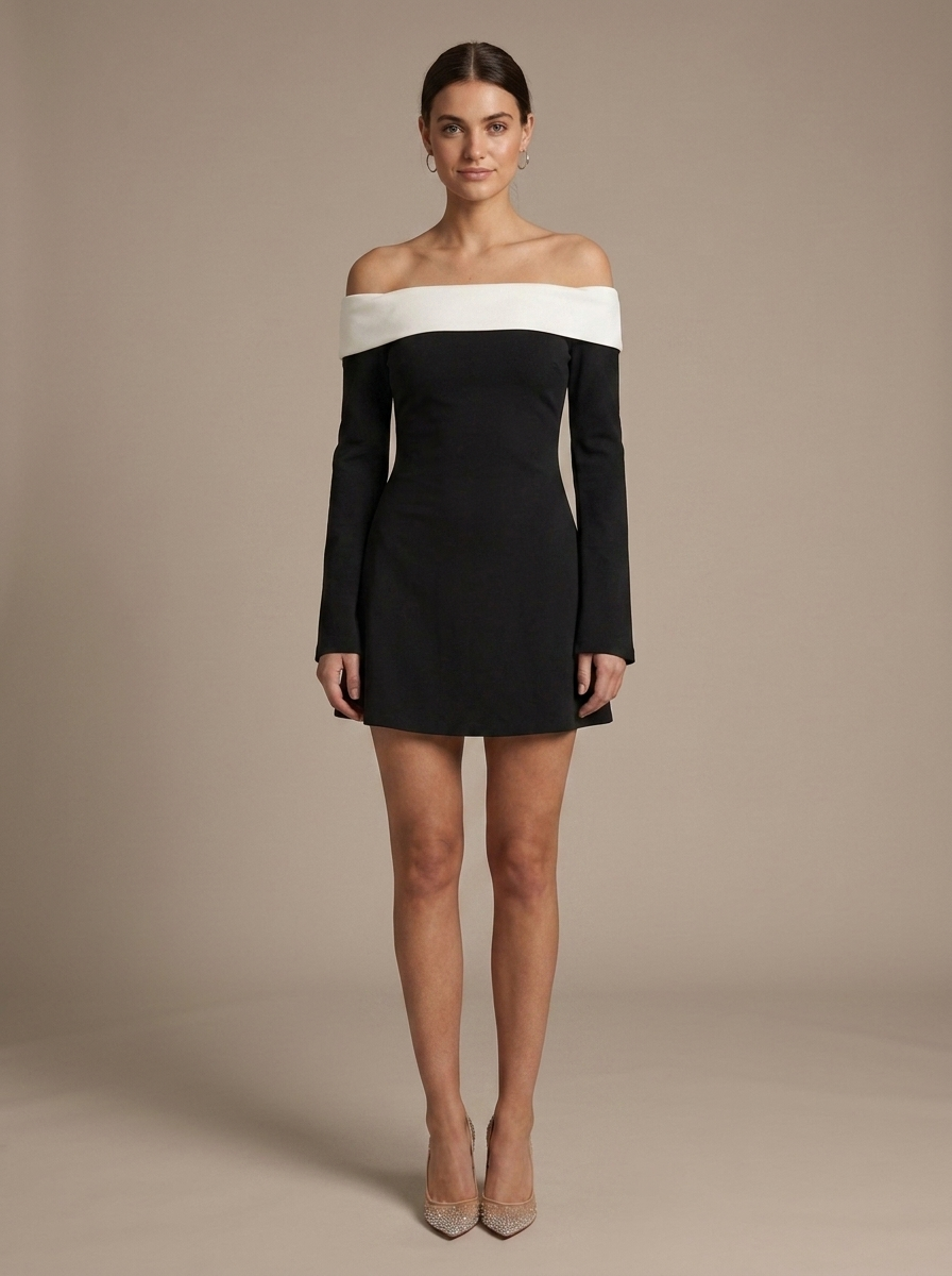 Mini Off-Shoulder Bi-Color Bell Sleeve Dress worn by a model, front view