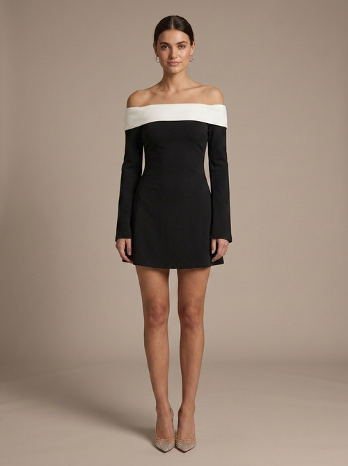 Mini Off-Shoulder Bi-Color Bell Sleeve Dress worn by a model, front view