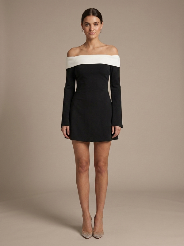 Bi-Color Off-Shoulder Bell-Sleeve Mini Dress