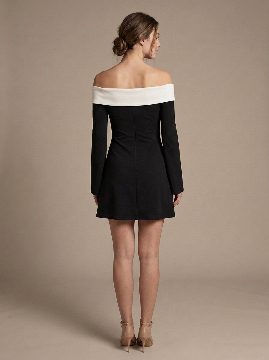 Mini Off-Shoulder Bi-Color Bell Sleeve Dress worn by a model, back view
