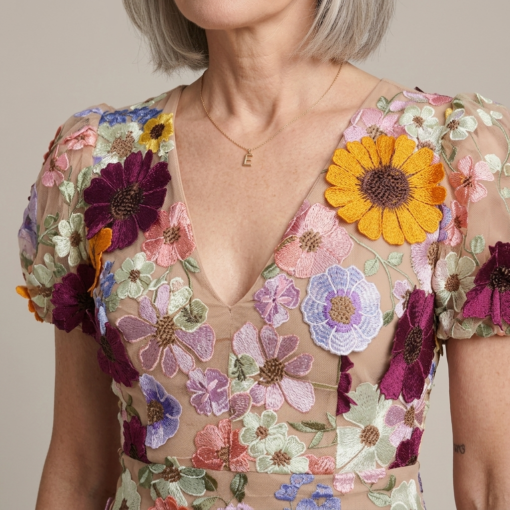 Close-up of Mini Puff Sleeve 3D Floral V-Neck Dress detail