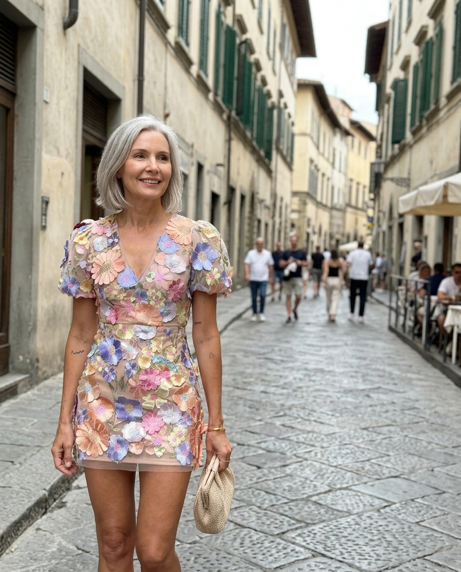 Mini Puff Sleeve 3D Floral V-Neck Dress worn in an everyday street setting