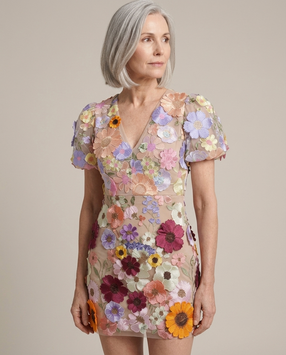 Mini Puff Sleeve 3D Floral V-Neck Dress worn by a model, close waist-up view