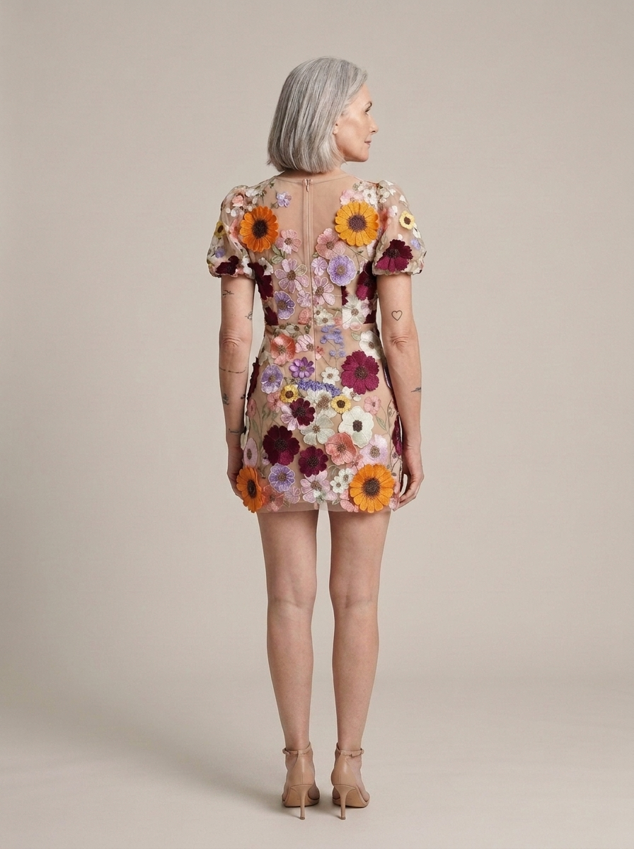 Mini Puff Sleeve 3D Floral V-Neck Dress worn by a model, back view