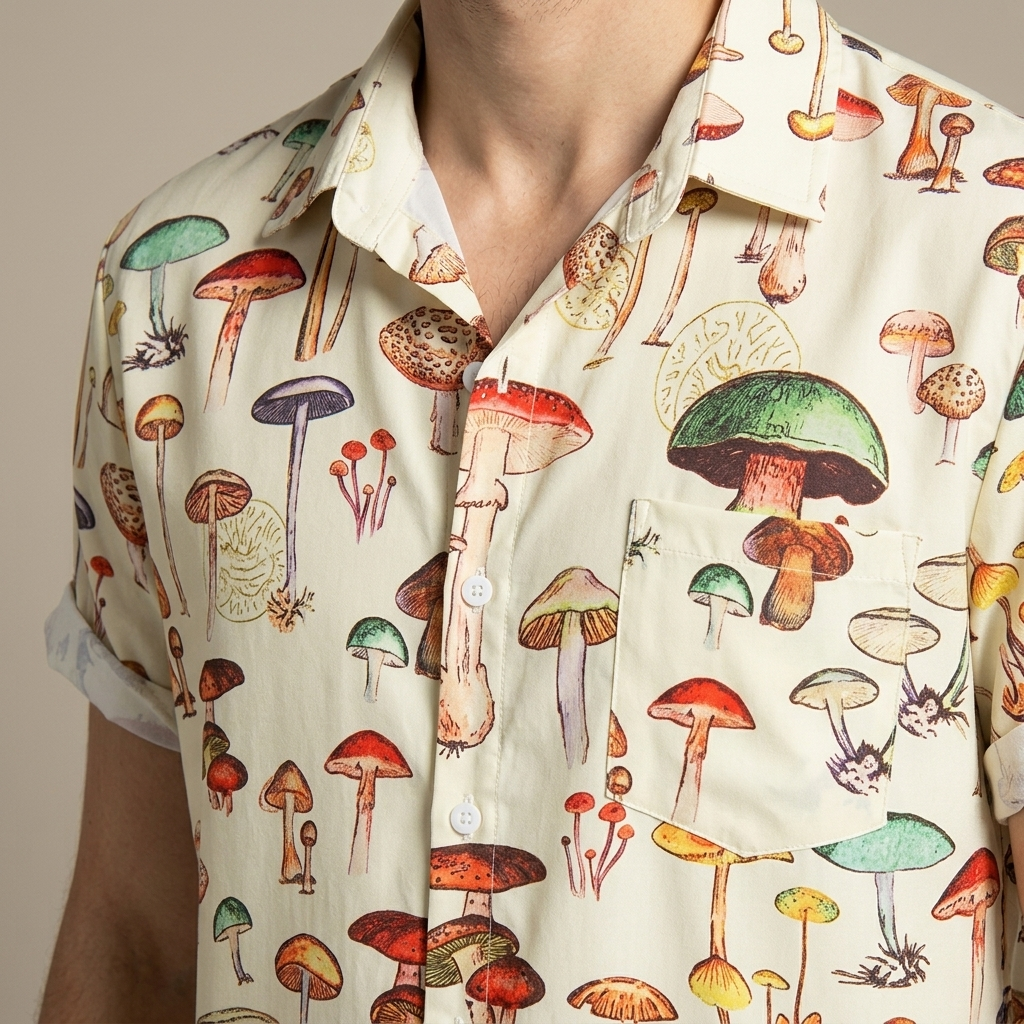 Close-up of Mushroom Print Short Sleeve Camp Collar Shirt detail
