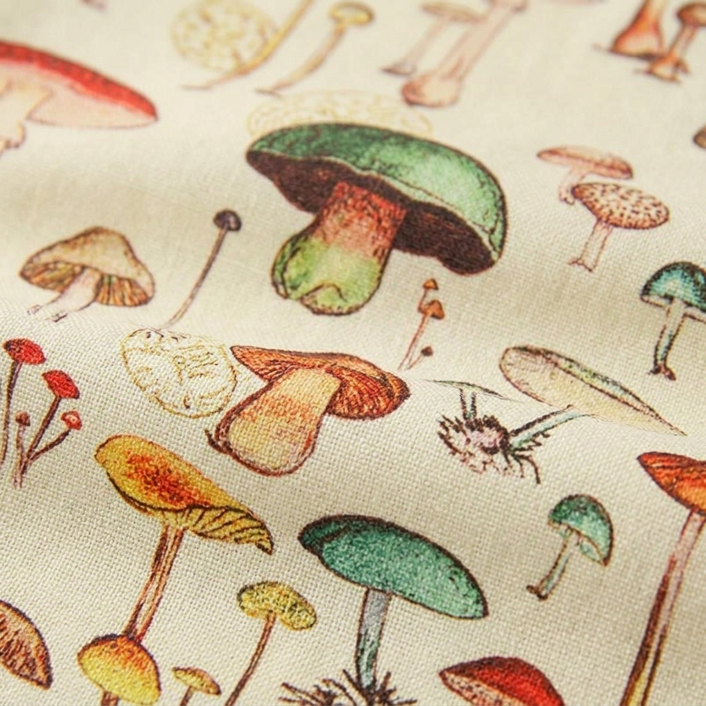 Macro of Mushroom Print Short Sleeve Camp Collar Shirt fabric texture and weave