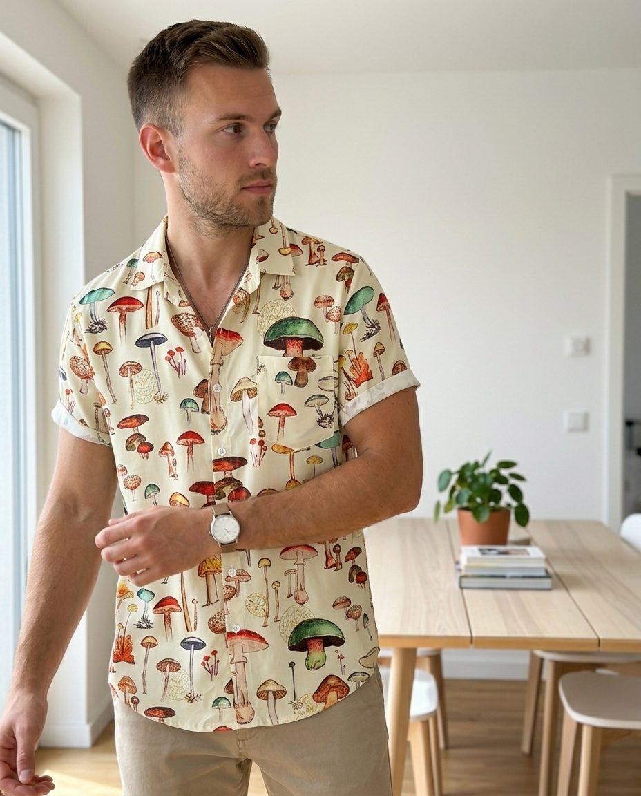 Mushroom Print Short Sleeve Camp Collar Shirt styled in a daylight interior setting