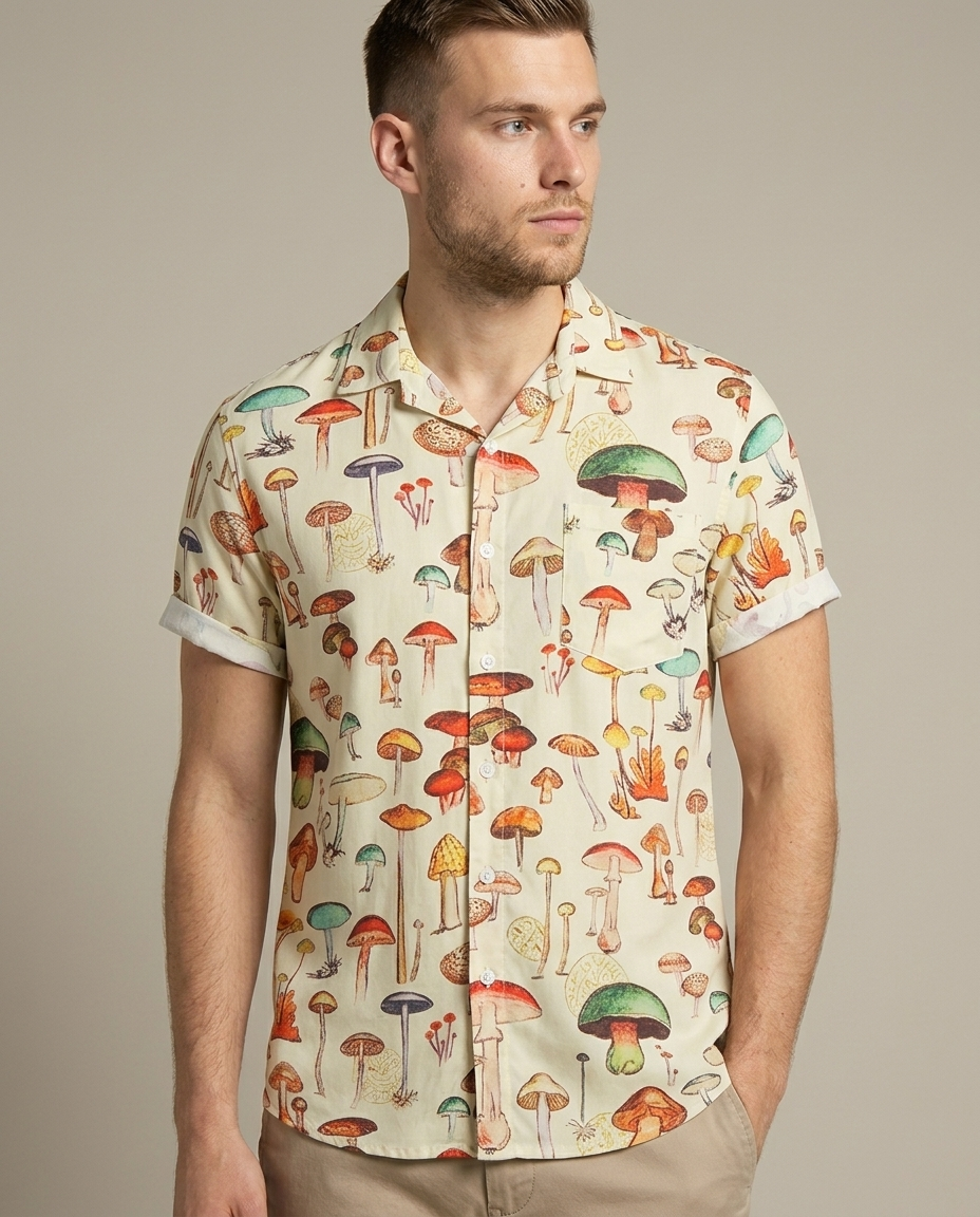 Mushroom Print Short Sleeve Camp Collar Shirt worn by a model, close waist-up view