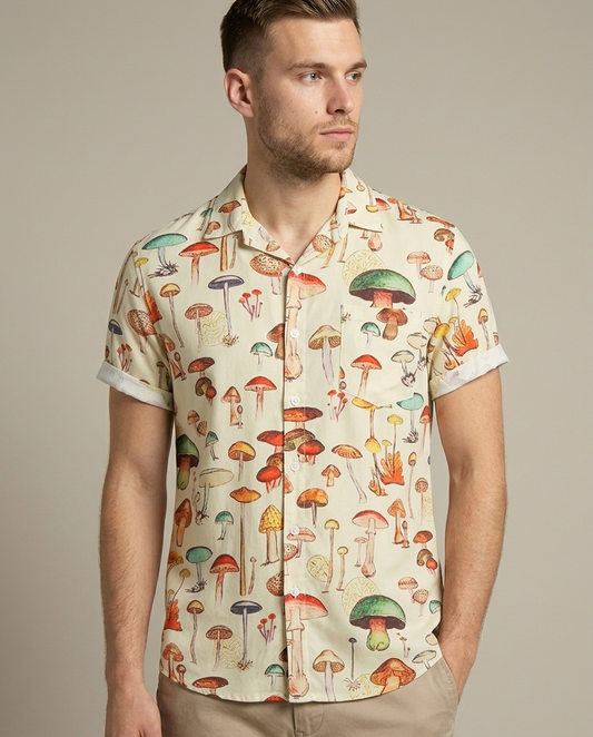 Mushroom Print Short Sleeve Camp Collar Shirt worn by a model, close waist-up view
