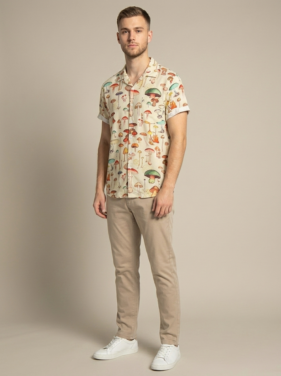 Mushroom Print Short Sleeve Camp Collar Shirt worn by a model, front view