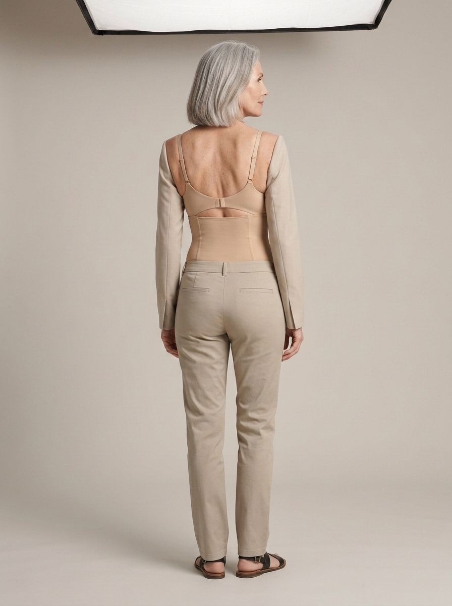 Nude Strappy Underbust-Cutout Shaper Bodysuit worn by a model, back view
