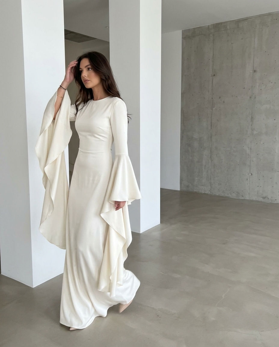 Off-White Maxi Dress, Draped Bell Sleeves styled in a daylight interior setting