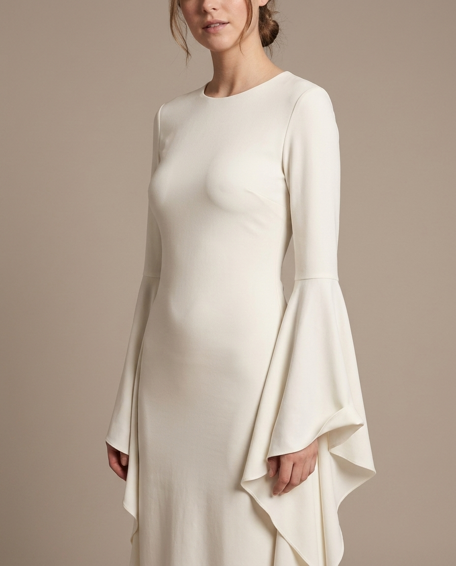 Off-White Maxi Dress, Draped Bell Sleeves worn by a model, close waist-up view