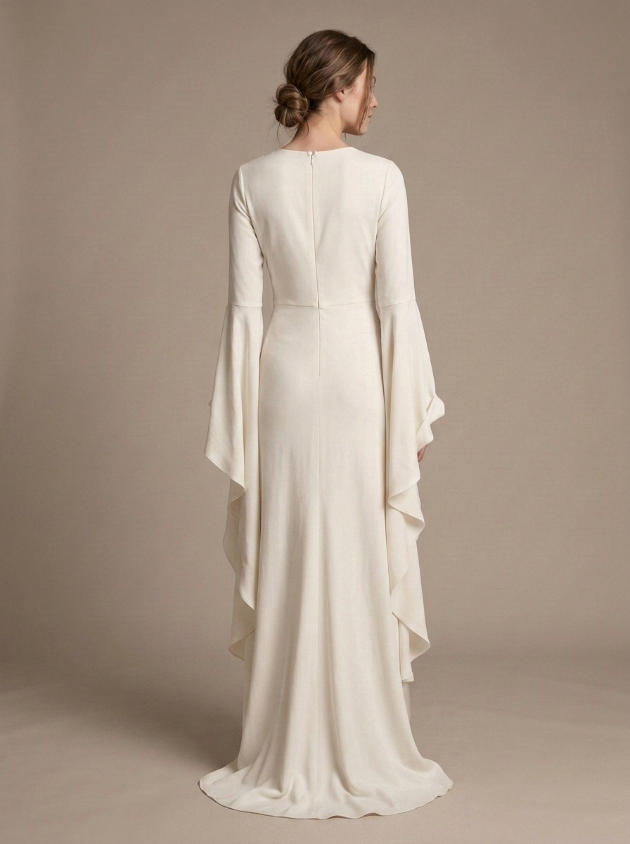 Off-White Maxi Dress, Draped Bell Sleeves worn by a model, back view