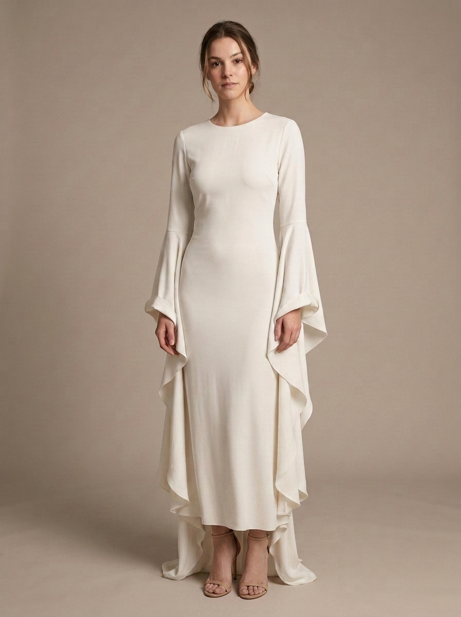 Off-White Maxi Dress, Draped Bell Sleeves worn by a model, front view