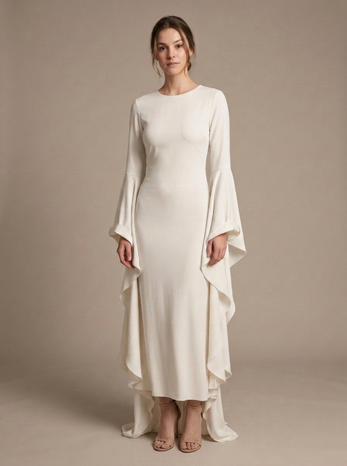 Off-White Maxi Dress, Draped Bell Sleeves worn by a model, front view