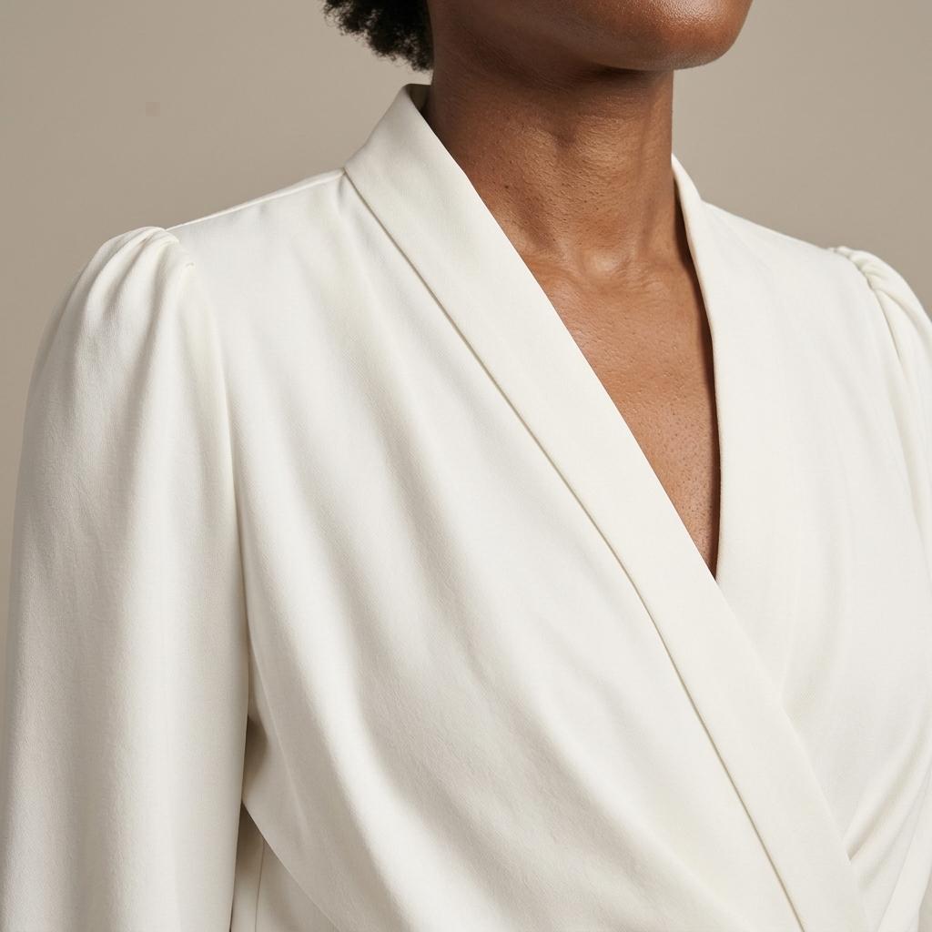 Close-up of Off-White Wrap Blouse, Puff Sleeve V-neck detail