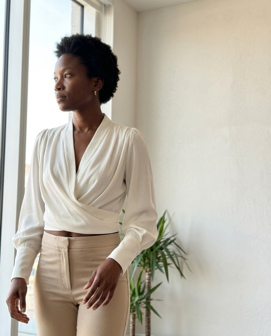 Off-White Wrap Blouse, Puff Sleeve V-neck styled in a daylight interior setting