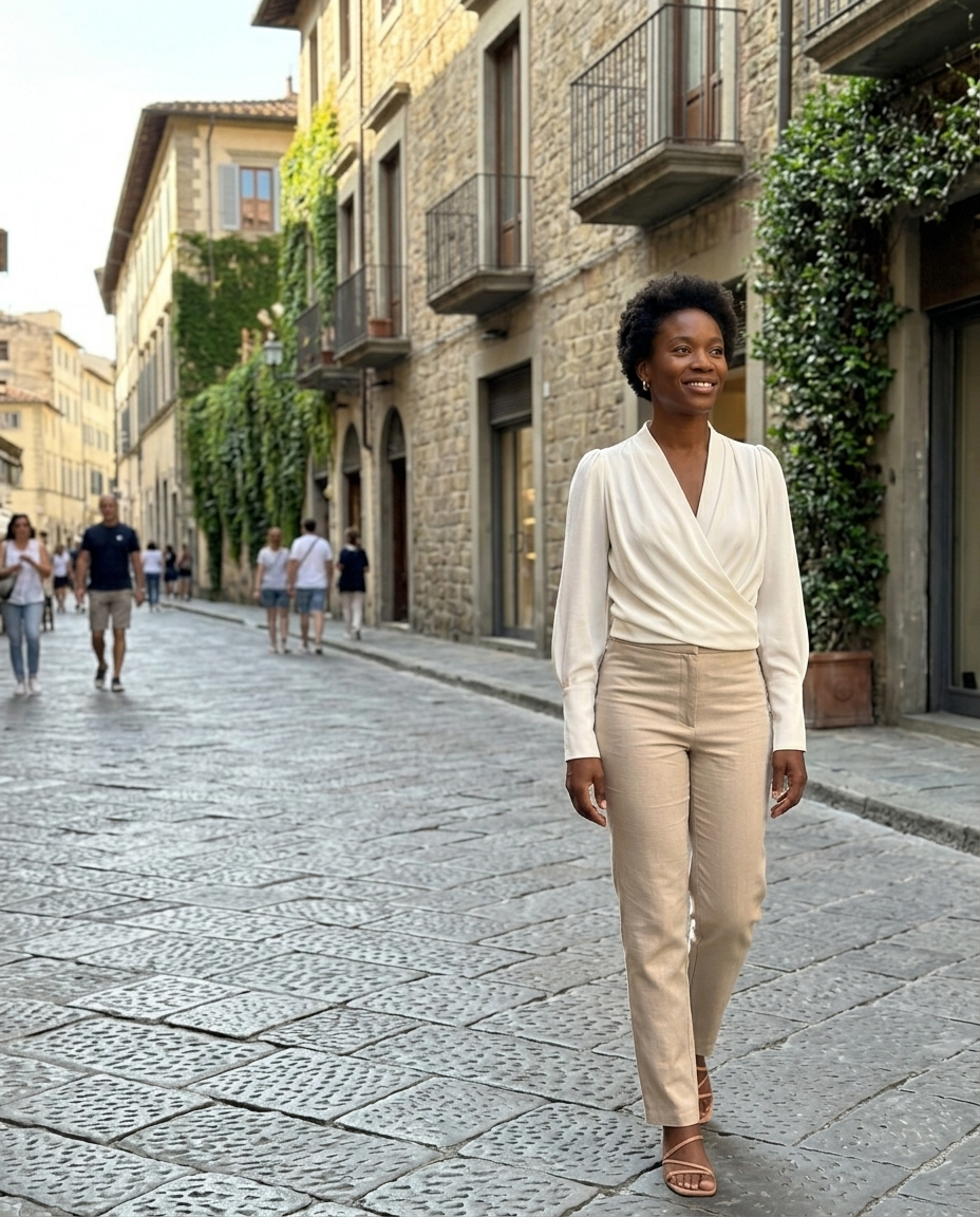 Off-White Puff-Sleeve V-Neck Wrap Blouse worn in an everyday street setting