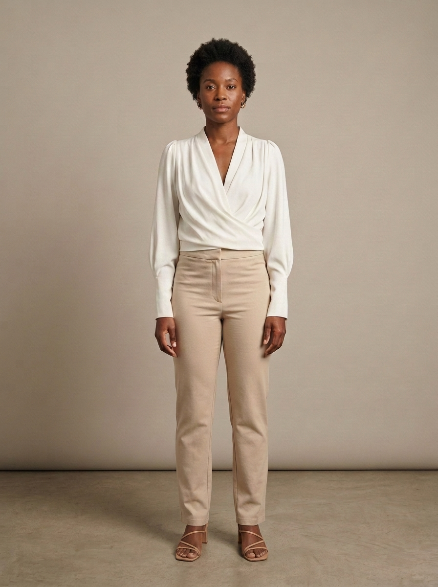 Off-White Wrap Blouse, Puff Sleeve V-neck worn by a model, front view