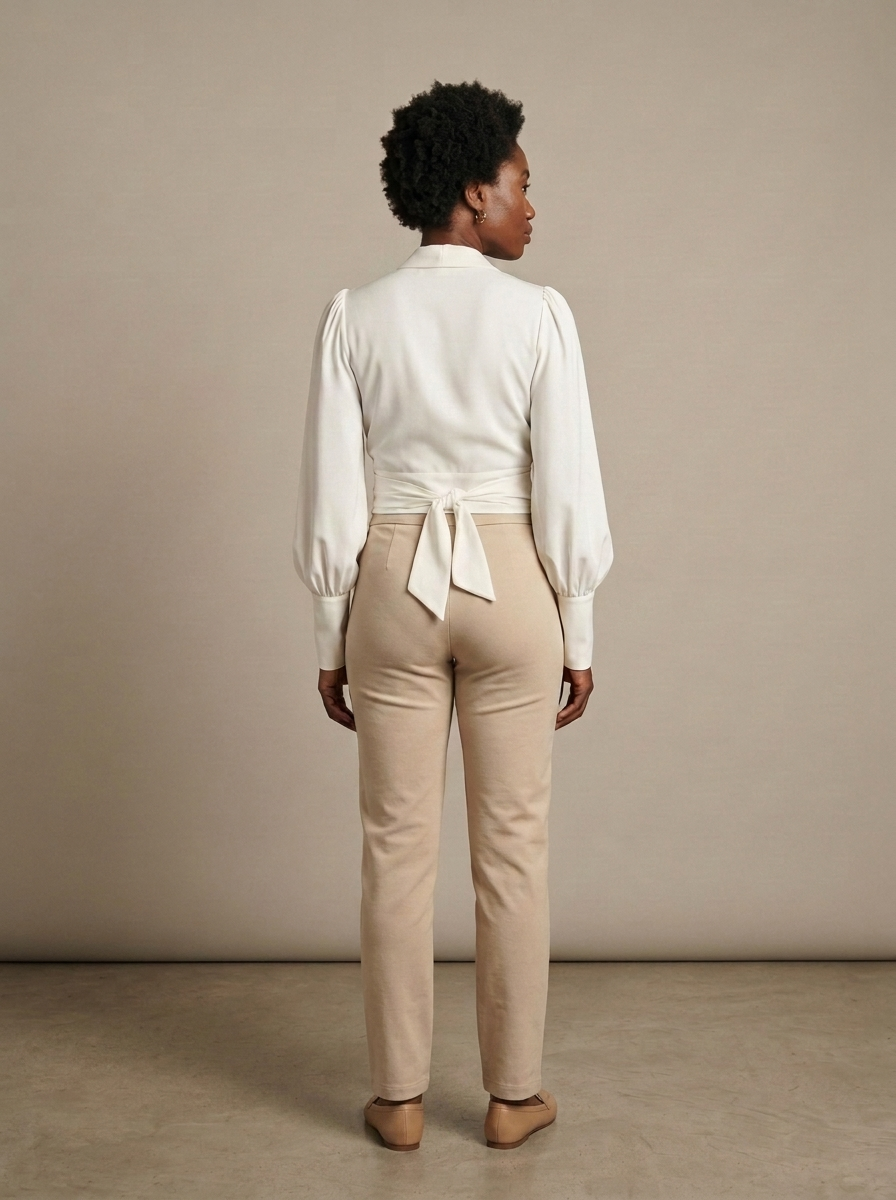 Off-White Wrap Blouse, Puff Sleeve V-neck worn by a model, back view