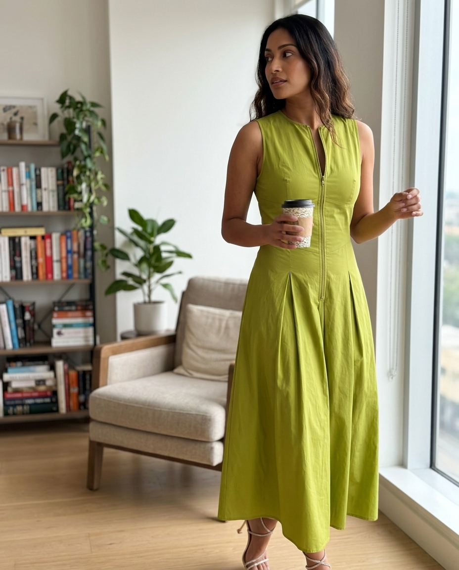 Olive Green Sleeveless Zipper Front Pleated Midi Dress styled in a daylight interior setting