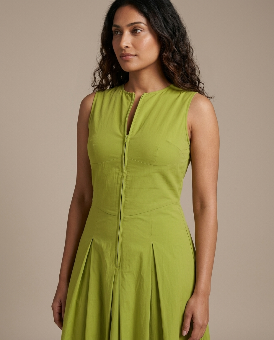 Olive Green Sleeveless Zipper Front Pleated Midi Dress worn by a model, close waist-up view